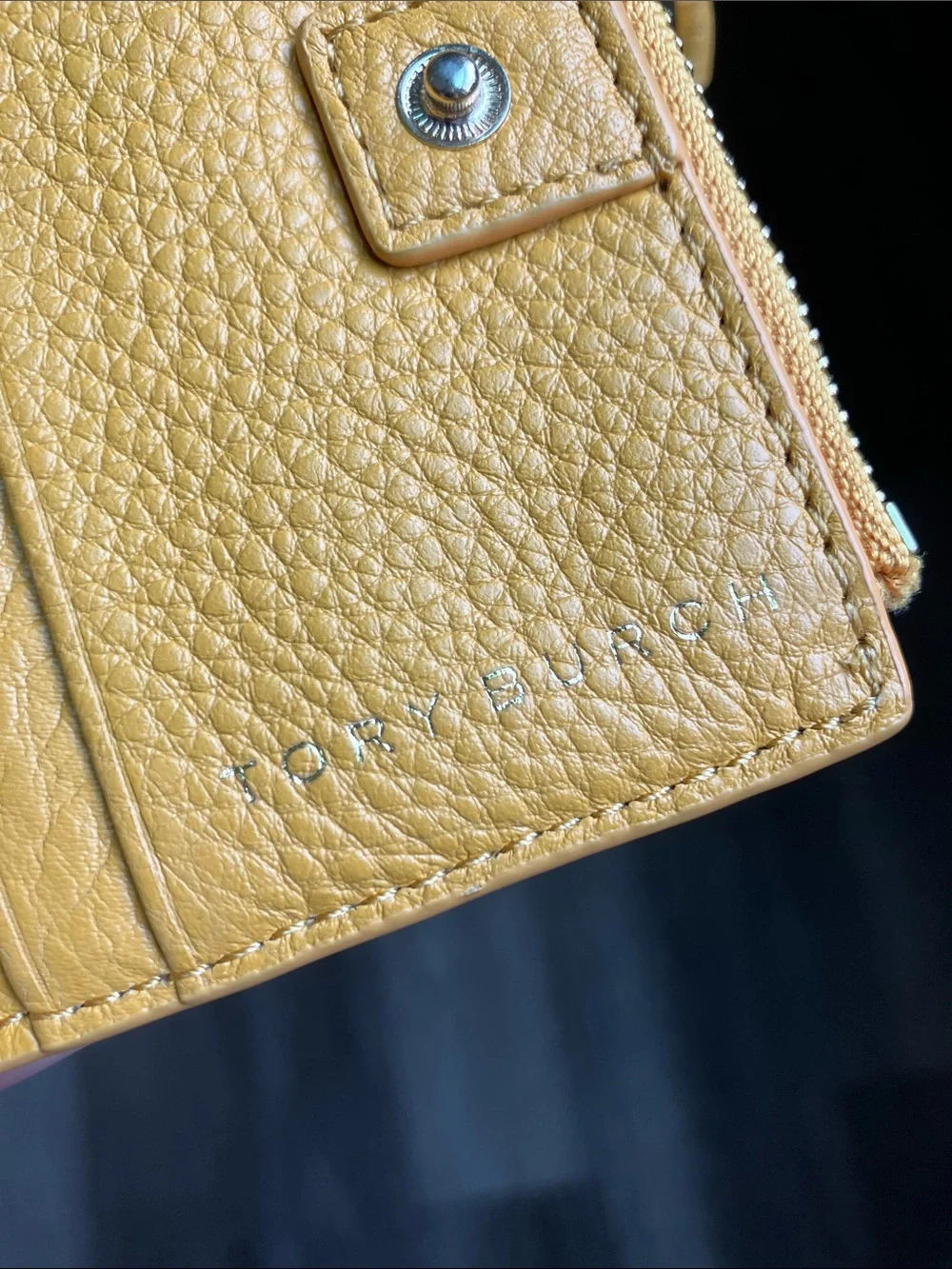 Tory Burch Pebbled Leather Zip Card Case in Mustard